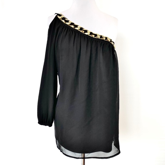 Julie Brown NYC Chiffon Sheer Black One Shoulder Blouse Gold Chain 100% Silk - Picture 2 of 8
